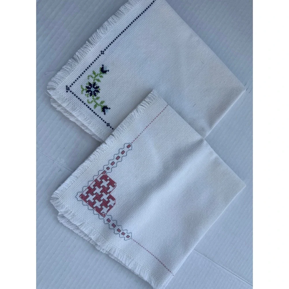 Vintage Hand Embroidered Bread Covers Set of 2 White Cross Stitch Floral Heart